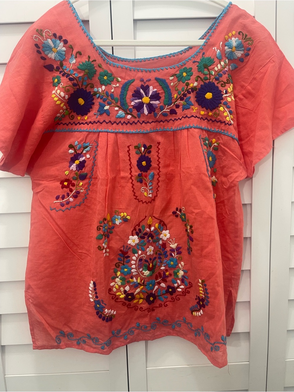 Embroidered Cotton Peasant Top - Coral
